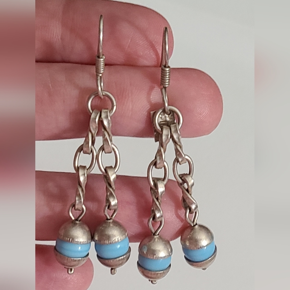 Vintage Sterling Mexico Turquoise Earrings Pearls Twist Dangle Signed 925 Vtg